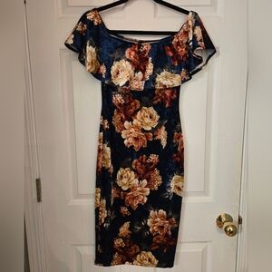 Windsor Navy Velvet Floral Midi Dress with Cream & Brown Blooms